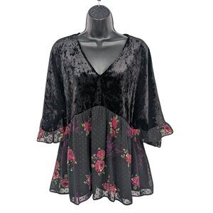 DR2 Velvet Sheer Babydoll Top Women Size L Floral Whimsigoth Romantic Fairy Y2K
